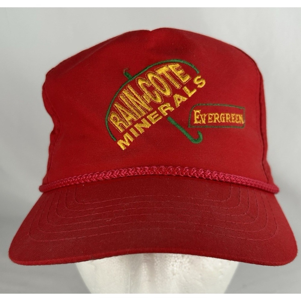 Vintage Rain Cote Minerals Red Trucker Hat Cap Snapback Embroidered Evergreen